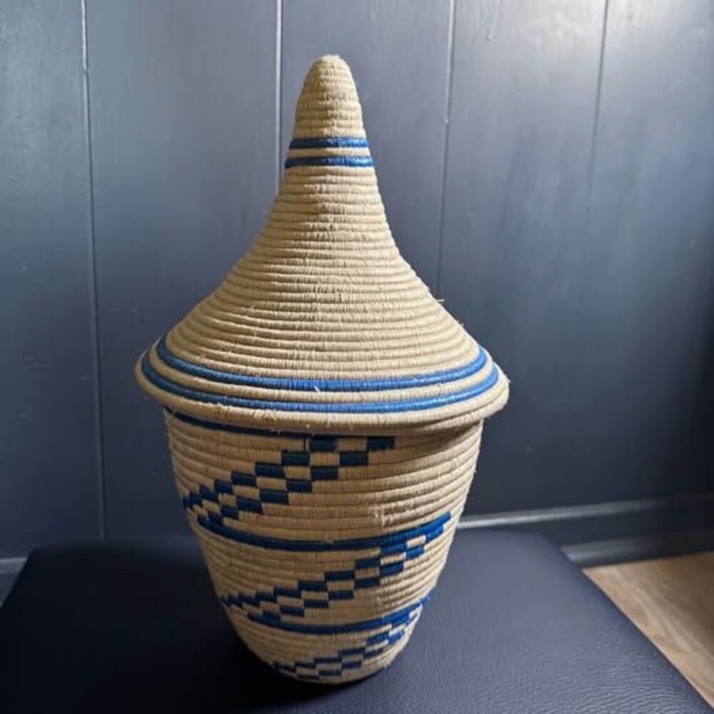 Authentic Rwandan Agaseke Peace Basket Handwoven Blue & Cream Sisal 13"x8"